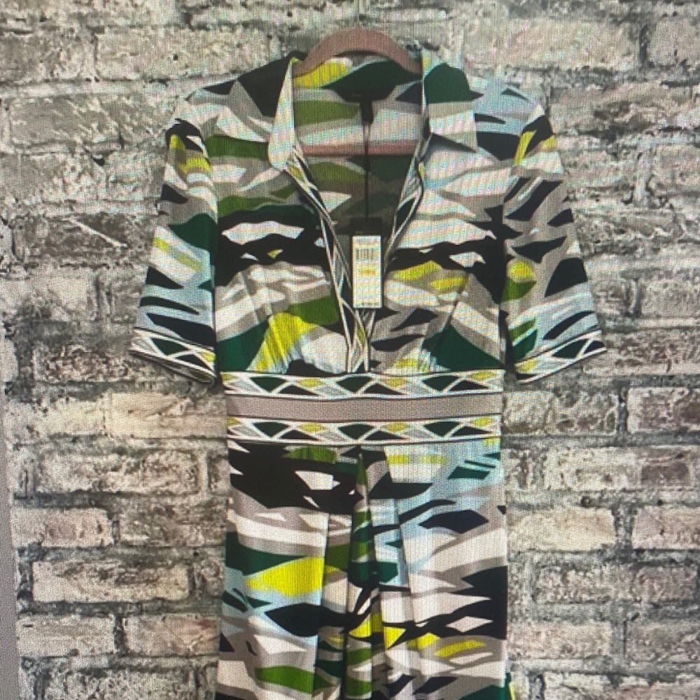 BCBGMaxAzria Green, Yellow, Black & White Printed Midi Dress